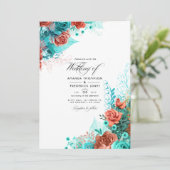 Turquoise en Coral Rustic Floral Wedding Photo Kaart (Staand voorkant)