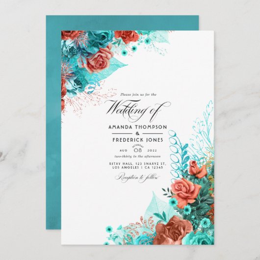 Turquoise en Coral Rustic Floral Wedding Photo Kaart (Voorkant / Achterkant)