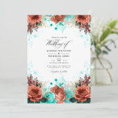 Turquoise en Coral Rustic Floral Wedding Photo Kaart (Staand voorkant)