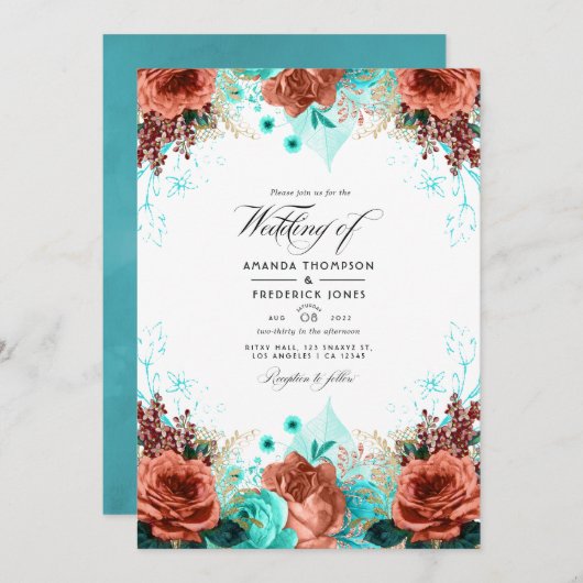 Turquoise en Coral Rustic Floral Wedding Photo Kaart (Voorkant / Achterkant)
