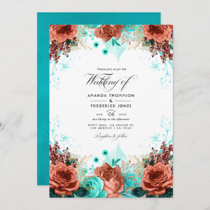 Turquoise en Coral Rustic Floral Wedding Photo Kaart