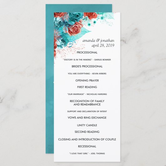 Turquoise en Coral Rustic Floral Wedding Programmakaart (Voorkant / Achterkant)