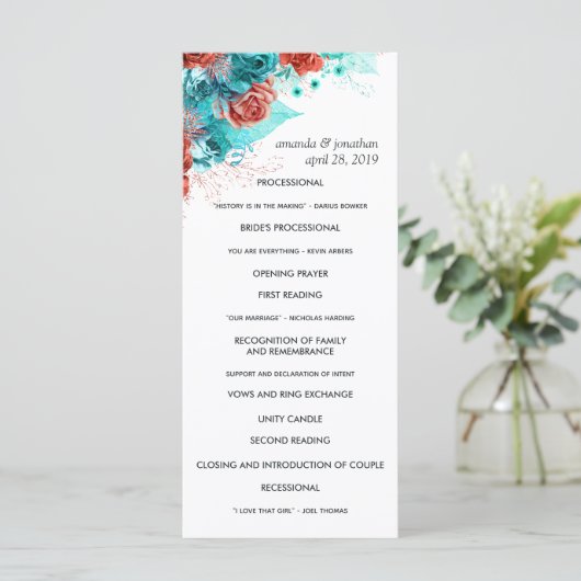 Turquoise en Coral Rustic Floral Wedding Programmakaart (Staand voorkant)