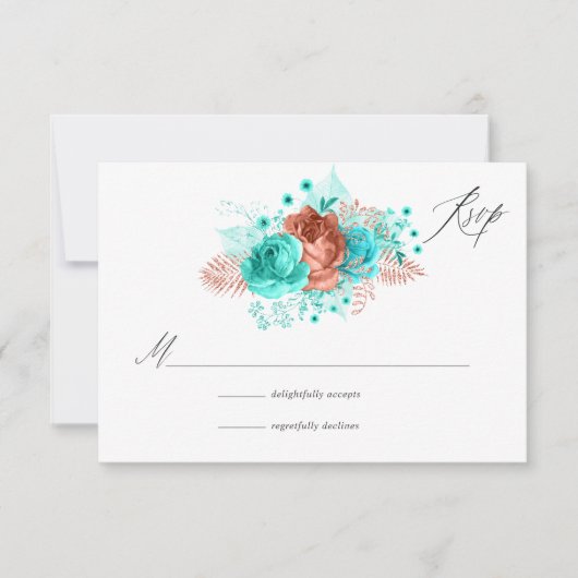 Turquoise en Coral Rustic Floral Wedding RSVP Kaartje (Voorkant)