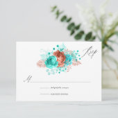 Turquoise en Coral Rustic Floral Wedding RSVP Kaartje (Staand voorkant)