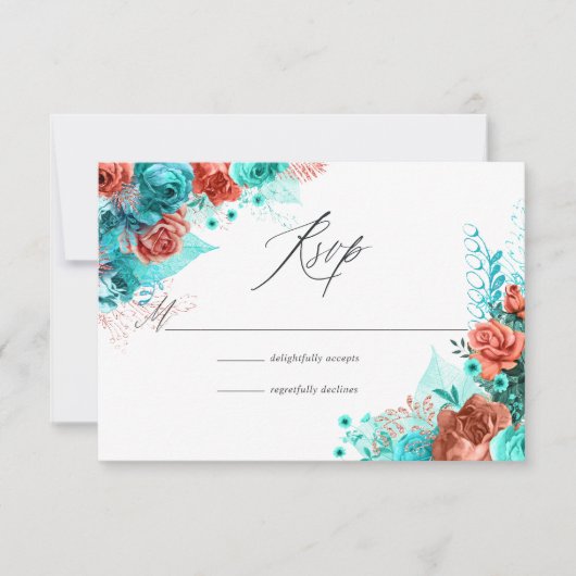 Turquoise en Coral Rustic Floral Wedding RSVP Kaartje (Voorkant)