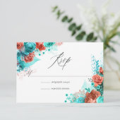 Turquoise en Coral Rustic Floral Wedding RSVP Kaartje (Staand voorkant)