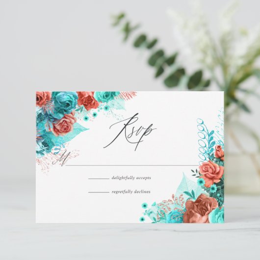 Turquoise en Coral Rustic Floral Wedding RSVP Kaartje (Staand voorkant)