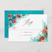 Turquoise en Coral Rustic Floral Wedding RSVP Kaartje (Voorkant / Achterkant)