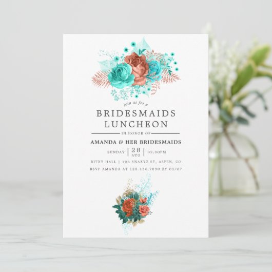 Turquoise en Coral Tropical Bridesmaids Luncheon Kaart (Staand voorkant)