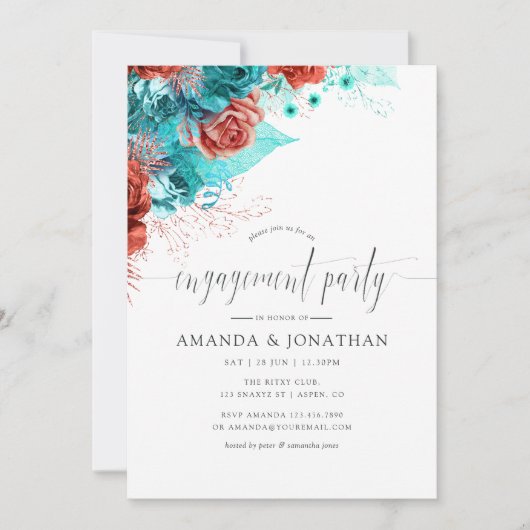Turquoise en Coral Tropical Engagement Party Kaart (Voorkant)