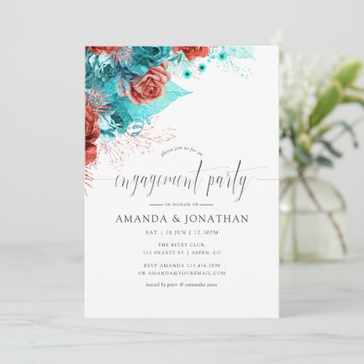 Turquoise en Coral Tropical Engagement Party Kaart (Staand voorkant)