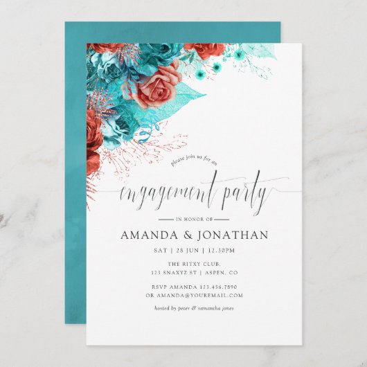 Turquoise en Coral Tropical Engagement Party Kaart (Voorkant / Achterkant)