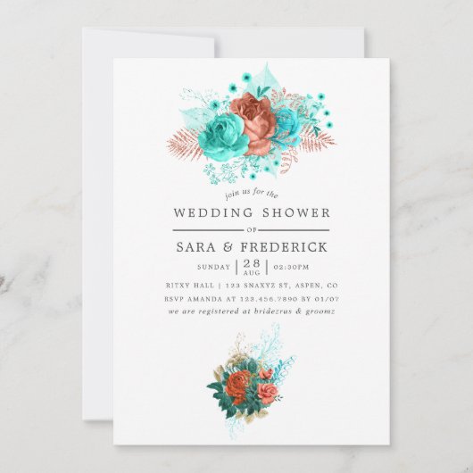 Turquoise en Coral Tropical Floral Wedding Shower Kaart (Voorkant)