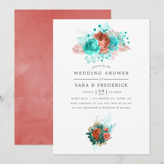 Turquoise en Coral Tropical Floral Wedding Shower Kaart (Voorkant / Achterkant)