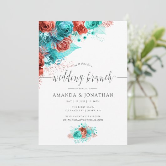 Turquoise en Coral Tropical Wedding Brunch Aankondiging (Staand voorkant)
