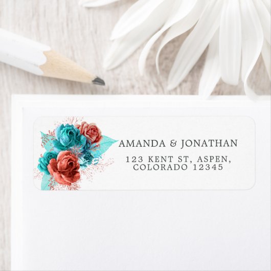 Turquoise en Coral Tropical Wedding Etiket (Insitu)