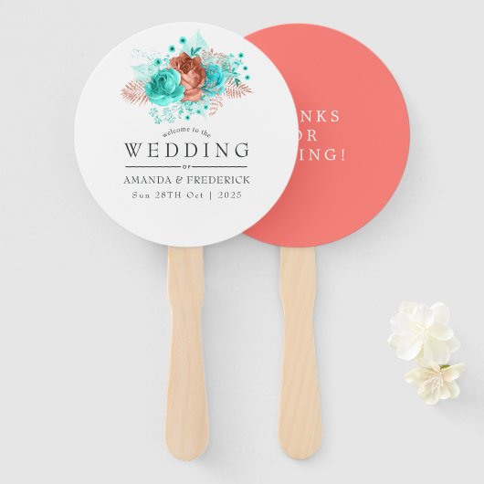 Turquoise en Coral Tropical Wedding Favor Handwaaier (Voorkant en achterkant)