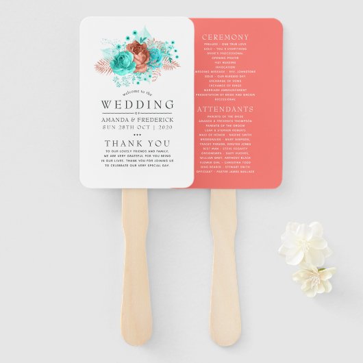 Turquoise en Coral Tropical Wedding Programme Handwaaier (Voorkant en achterkant)