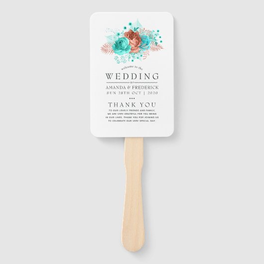Turquoise en Coral Tropical Wedding Programme Handwaaier (Voorkant)