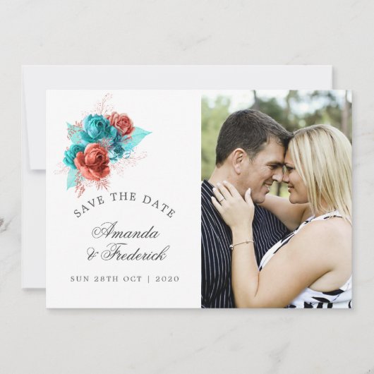 Turquoise en Coral Tropical Wedding Save the Date (Voorkant)
