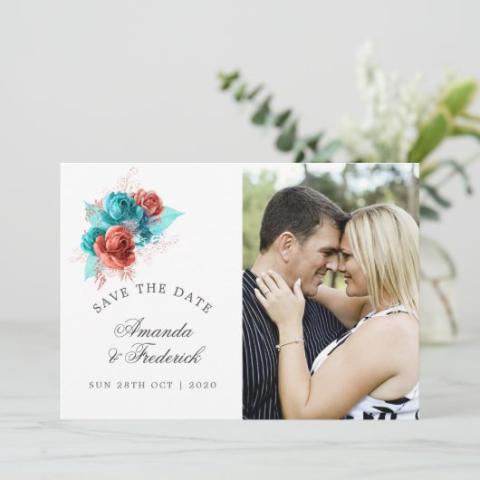 Turquoise en Coral Tropical Wedding Save the Date (Staand voorkant)