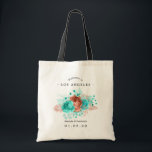 Turquoise en Coral Tropical Wedding Welcome Tote Bag<br><div class="desc">Turquoise en koraal rozen en tropische naaldbomen die de zomervakantie van de naaldbomen verwelkomen,  zijn ontworpen om snel en gemakkelijk aan uw evenementspecificaties te worden aangepast.</div>