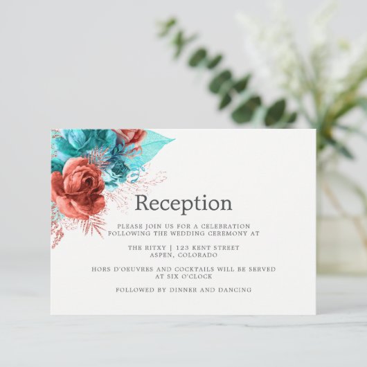 Turquoise en Coral Waterverf Wedding Reception Informatiekaartje (Staand voorkant)