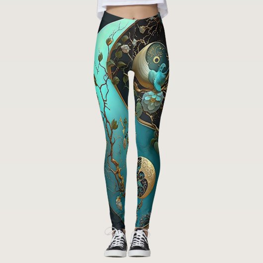 Turquoise en Cyan Yin en Yang Meditation Yoga Leggings (Voorkant)