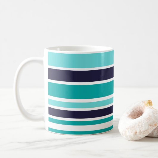 Turquoise en donkerblauwe streep koffiemok (Met donut)