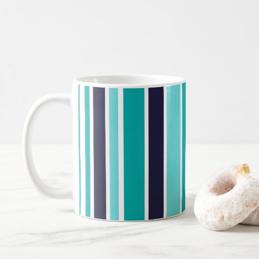Turquoise en donkerblauwe streep koffiemok (Met donut)