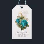 Turquoise en Faux Gold Foil Floral Cadeaulabel<br><div class="desc">Ventilatorlabels met  rozen en een schimmelende turquoise en een navy demask patroonomkering.</div>