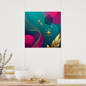 Turquoise en Fuchsia Moderne Abstract Met Gouden S Poster (Keuken)