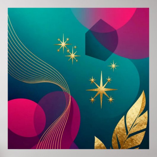 Turquoise en Fuchsia Moderne Abstract Met Gouden S Poster (Voorkant)