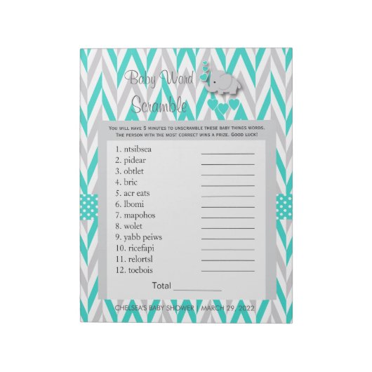 Turquoise en Game grijze Baby shower Notitieblok (Linkerzijde)