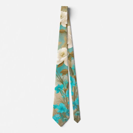 Turquoise en gebroken witte bloemen stropdas (Voorkant)