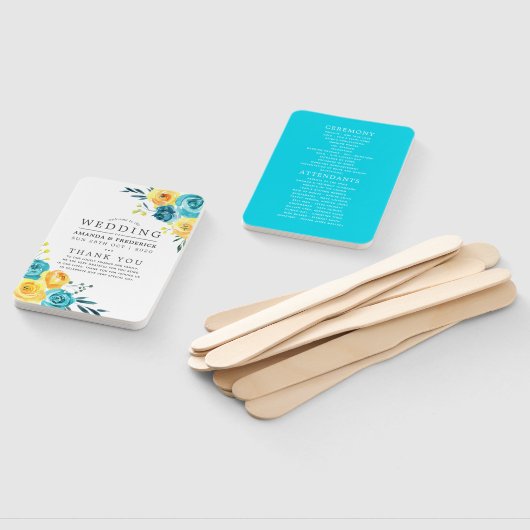 Turquoise en Geel Bloem Bruiloftsprogramma Handwaaier (Niet-gemonteerd)