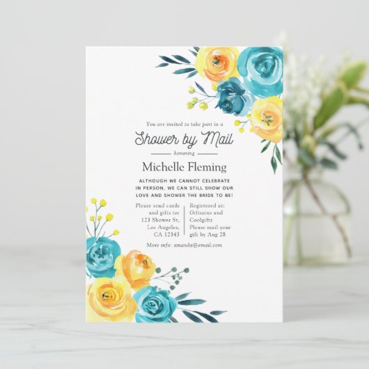 Turquoise en Geel Floral Baby shower per post Kaart (Staand voorkant)