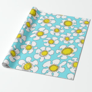 Turquoise en Geel Single Line Daisies Patroon Cadeaupapier