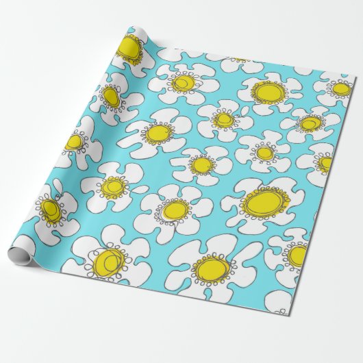 Turquoise en Geel Single Line Daisies Patroon Cadeaupapier (Uitgerold)