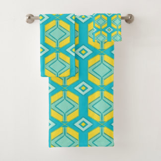 Turquoise en Geel Zeshoekig Geometrisch Retro Kuns Bad Handdoek