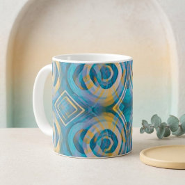 Turquoise en gele batikcirkels en diamanten koffiemok