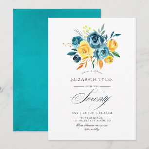 Turquoise en Gele Bloem 70ste Verjaardagsfeest Kaart