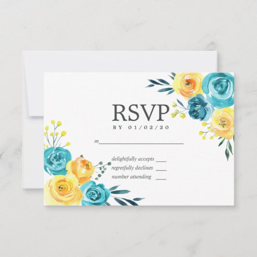 Turquoise en Gele Bloem Bruiloft RSVP Kaartje (Voorkant)