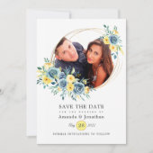 Turquoise en gele bloem bruiloftsfoto save the date (Voorkant)
