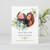 Turquoise en gele bloem bruiloftsfoto save the date (Staand voorkant)
