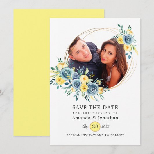 Turquoise en gele bloem bruiloftsfoto save the date (Voorkant / Achterkant)