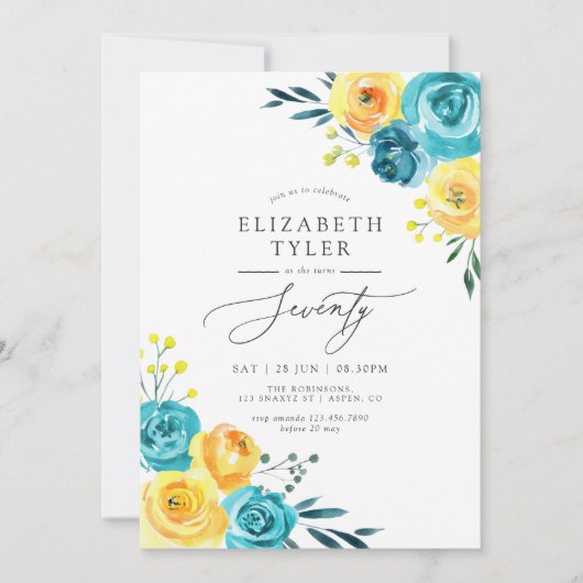 Turquoise en Gele Bloemen 70ste Verjaardagsfeestje Kaart (Voorkant)