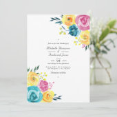 Turquoise en gele bloemencode QR Code RSVP-huwelij Kaart (Staand voorkant)