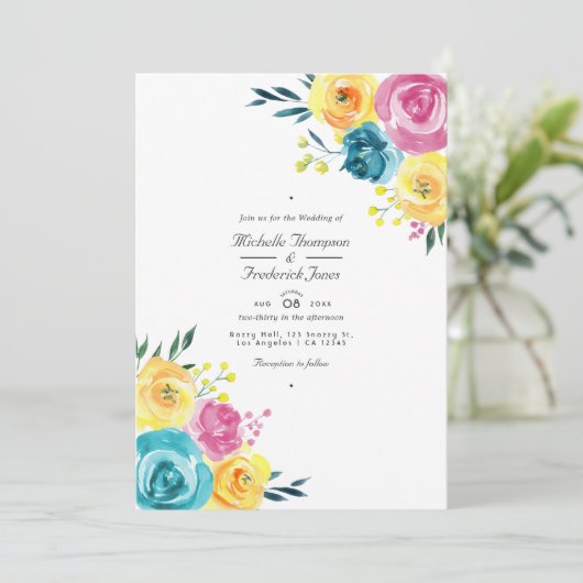 Turquoise en gele bloemencode QR Code RSVP-huwelij Kaart (Staand voorkant)